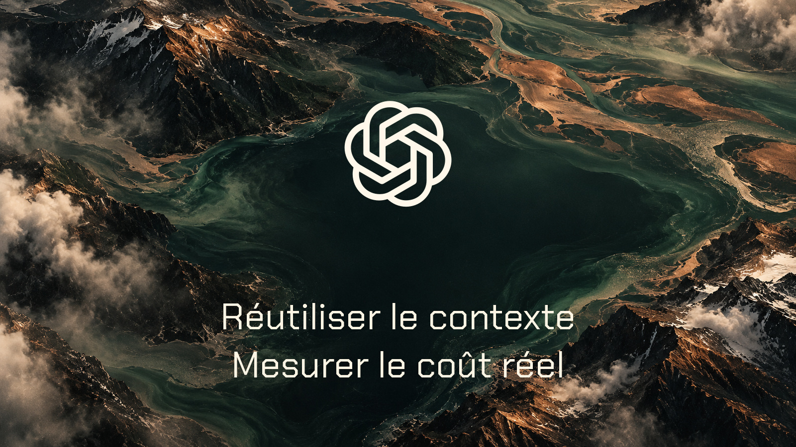 Symbole officiel OpenAI ivoire au centre d’un paysage analogique vert sapin, noir et cuivre. Composition distincte avec la phrase Réutiliser le contexte · Mesurer le coût réel.