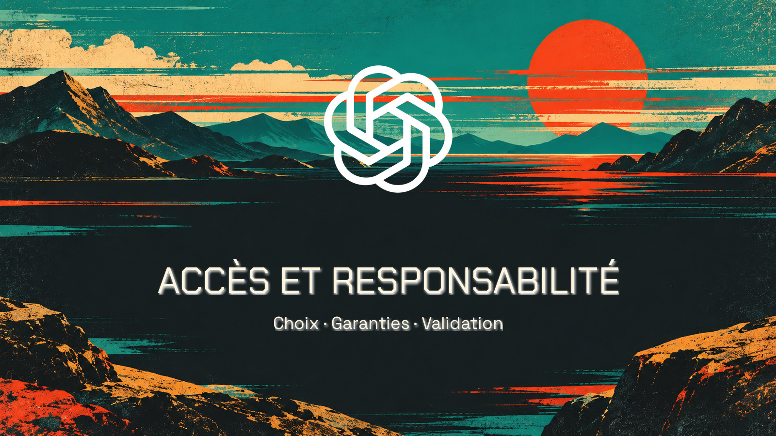 Symbole officiel OpenAI sur un paysage imprimé turquoise et vermilion. Phrase « ACCÈS ET RESPONSABILITÉ » composée en Chakra Petch. Aucune personne.