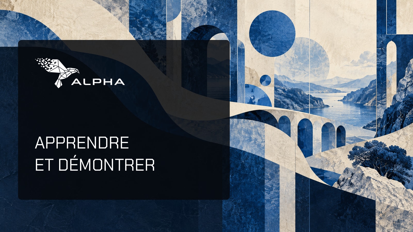 Logo officiel Alpha School sur un paysage de papier ivoire et cobalt. Illustration intérieure avec une courte phrase en Chakra Petch.