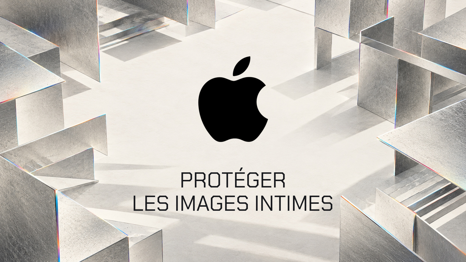 Logo officiel Apple dans une architecture argentée ouverte avec la phrase Protéger les images intimes en typographie Chakra Petch.