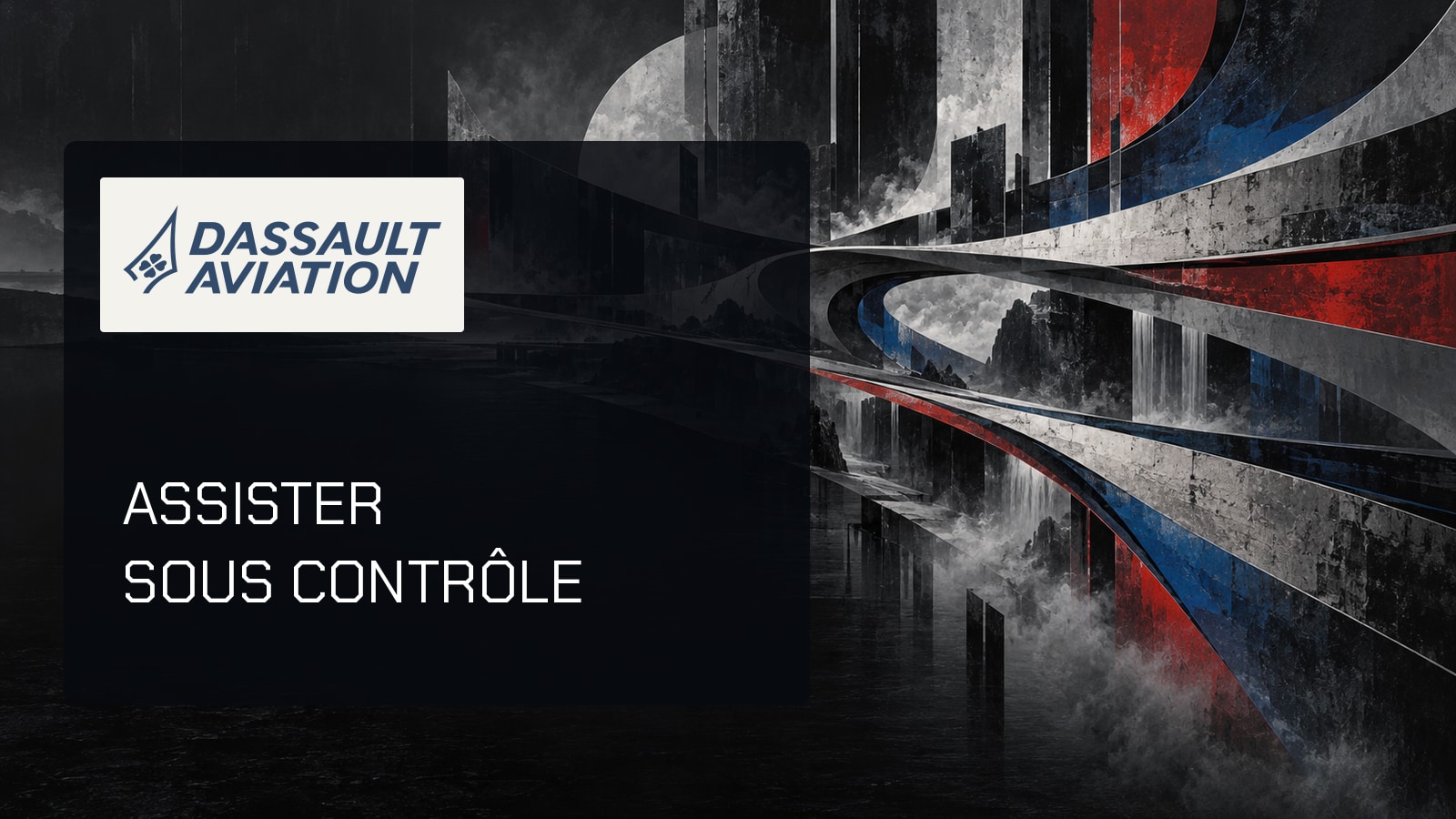 Logo officiel Dassault Aviation dans une architecture fragmentée sombre aux contours rouges et bleus. Illustration intérieure avec une courte phrase en Chakra Petch.