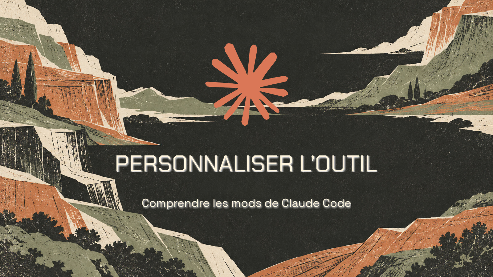 Symbole officiel Claude dans une composition risographique ivoire, terre cuite et sauge sur charbon. Texte PERSONNALISER L’OUTIL en Chakra Petch et Comprendre les mods de Claude Code en Space Grotesk. Aucun humain ni main.