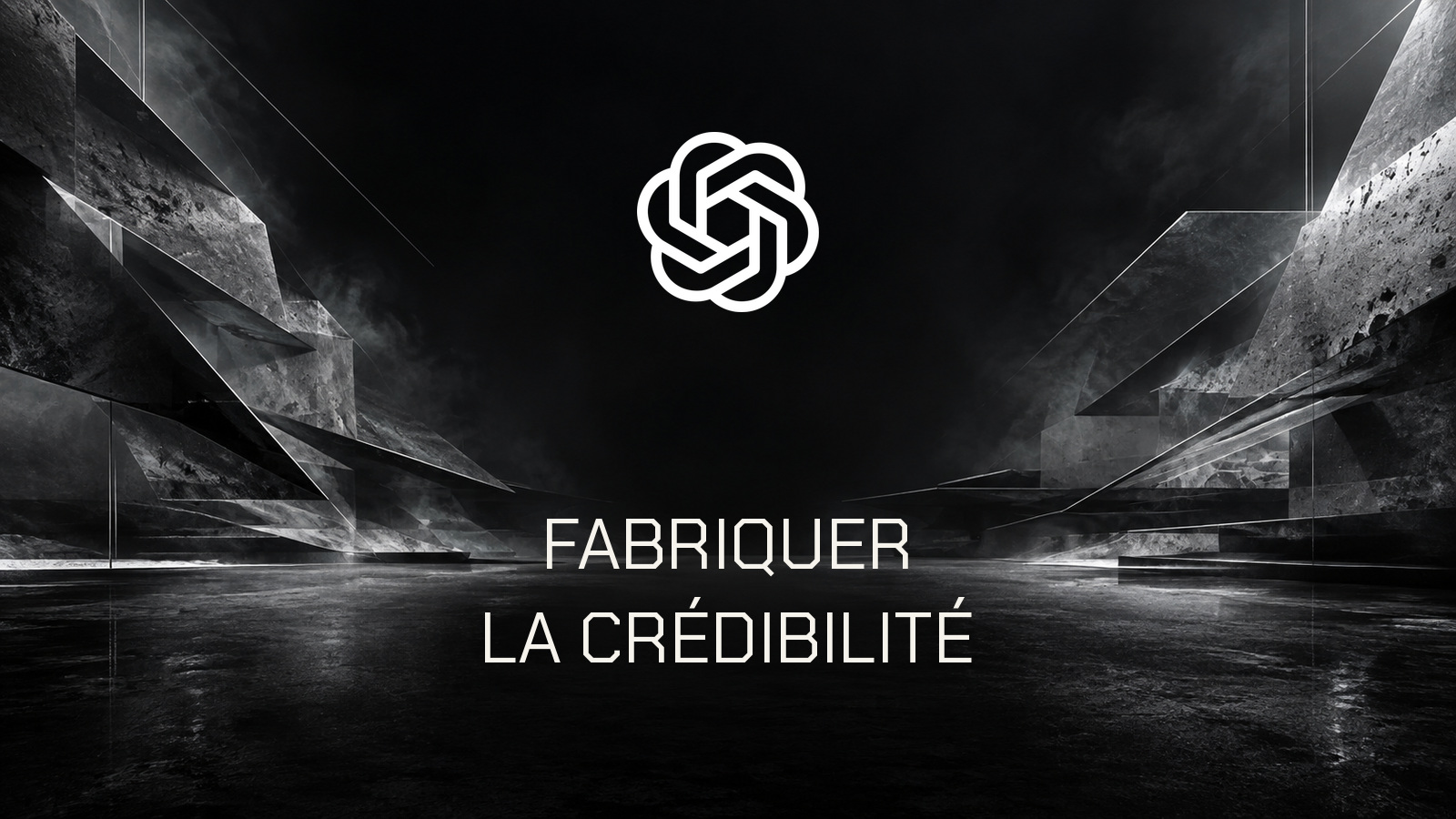 Logo officiel OpenAI au centre d’une architecture monochrome aux reflets RVB