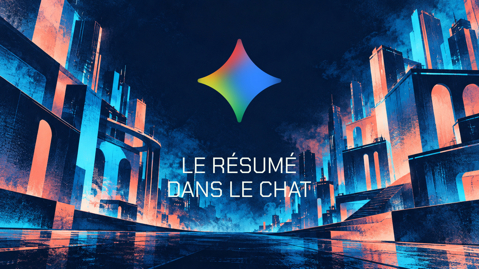 Symbole officiel Gemini et phrase Le résumé dans le Chat en Chakra Petch sur une cité graphique néon bleu et corail distincte de la couverture.