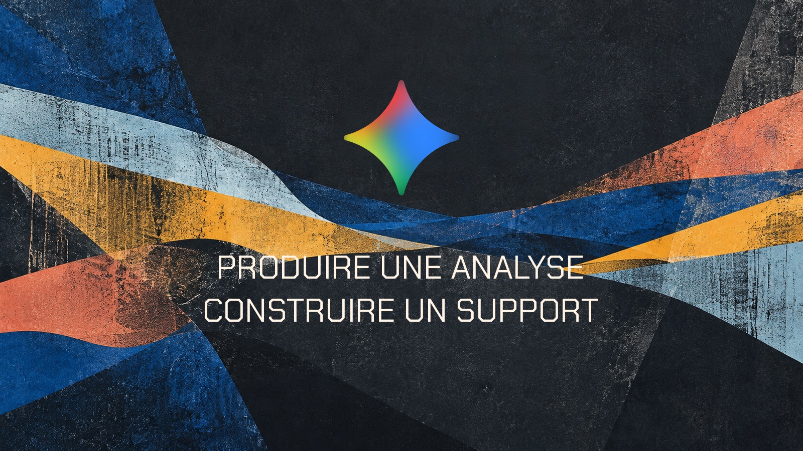 Symbole officiel Gemini sur une composition imprimée bleue avec la phrase Produire une analyse. Construire un support.
