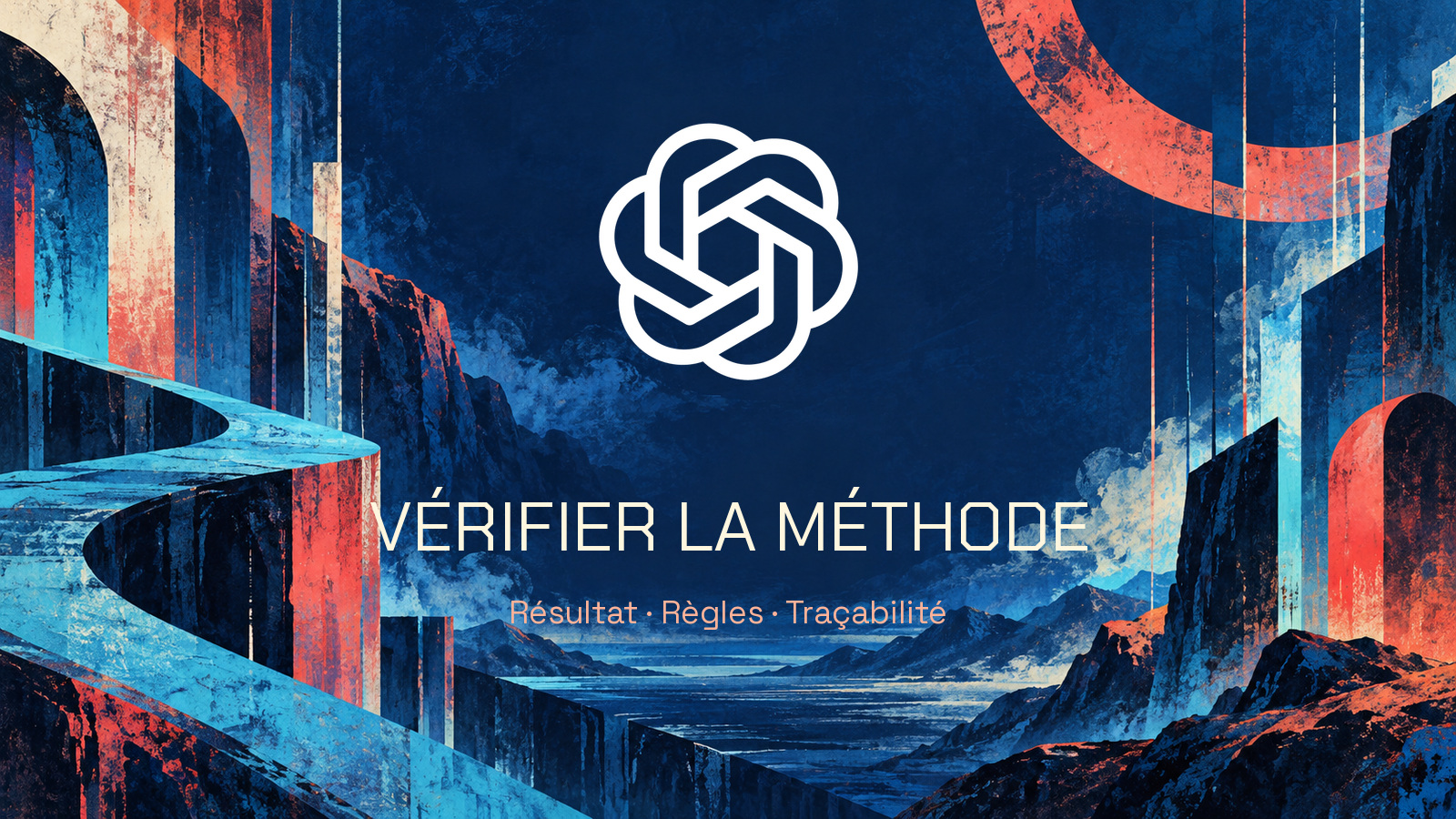 Symbole officiel OpenAI dans un paysage abstrait cobalt et corail. Phrase « VÉRIFIER LA MÉTHODE » en Chakra Petch et mention « Résultat · Règles · Traçabilité » en Space Grotesk. Aucune personne.