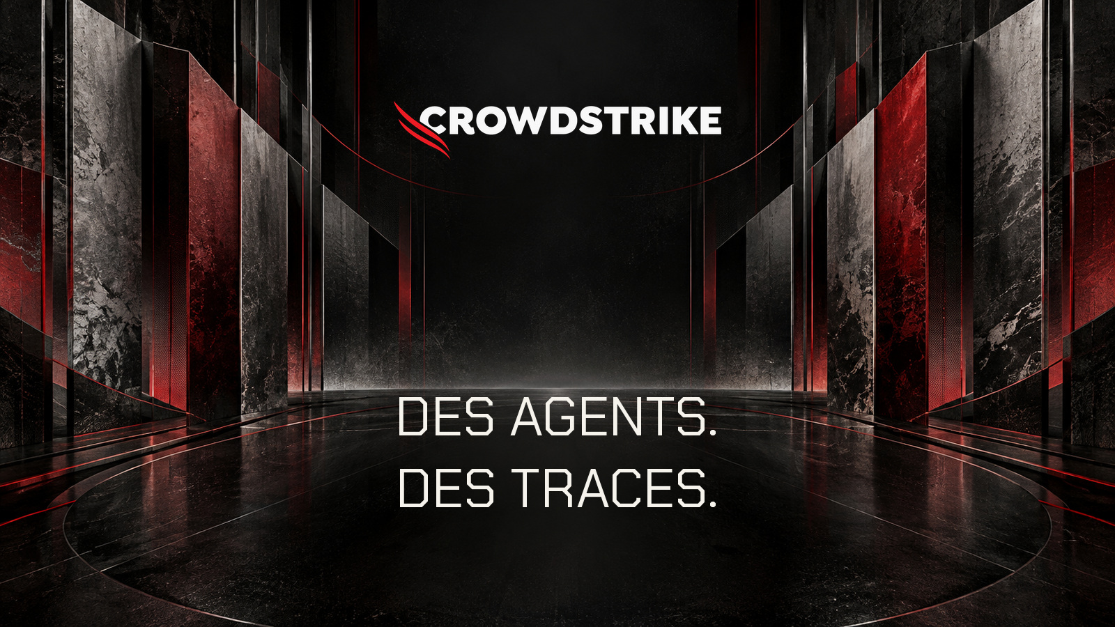 Logo officiel CrowdStrike dans une architecture abstraite noire rouge et argent