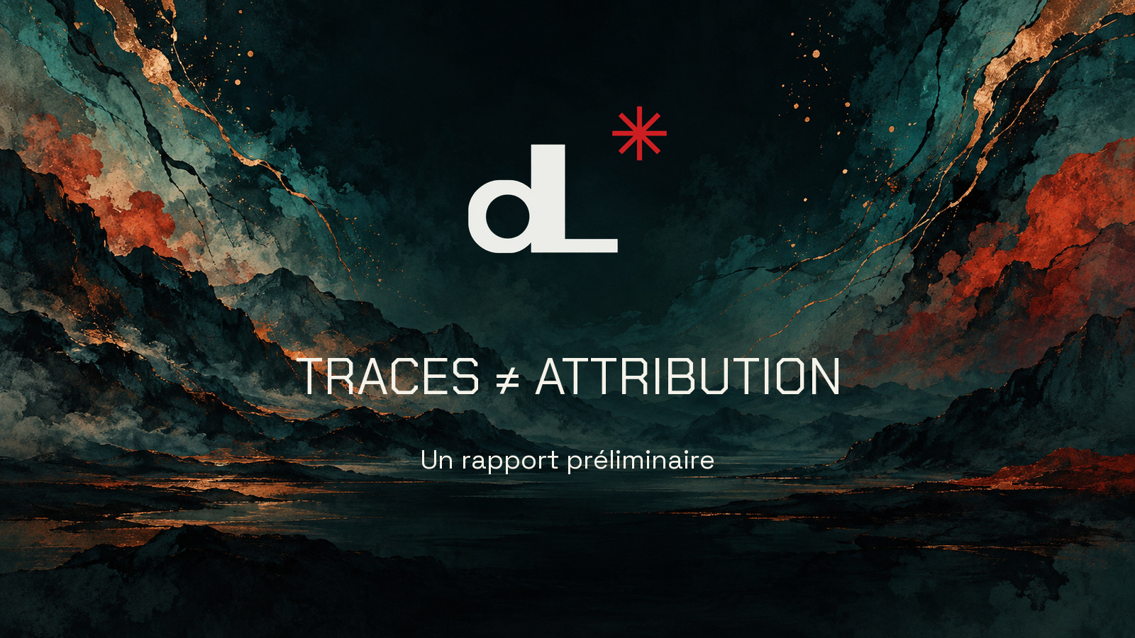 Logo officiel David LACOUR sur un paysage abstrait pétrole et cuivre. Texte TRACES ≠ ATTRIBUTION en Chakra Petch et Un rapport préliminaire en Space Grotesk. Aucun humain ni main.