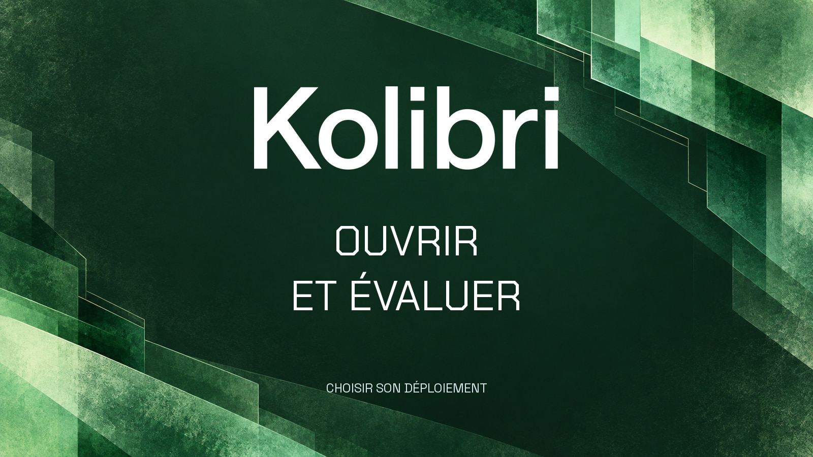 Mot-symbole officiel Kolibri blanc au centre d’une architecture abstraite vert émeraude. Phrase composée avec les polices locales Chakra Petch et Space Grotesk.