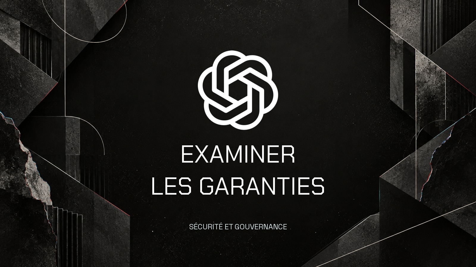 Symbole officiel OpenAI blanc sur des fragments d’architecture charbon et ivoire aux contours cyan et rouges. Phrase composée avec les polices locales Chakra Petch et Space Grotesk.