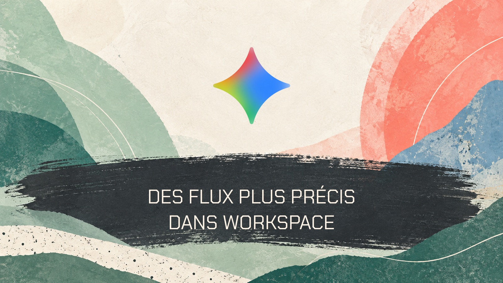 Symbole officiel Gemini au centre d’une peinture abstraite menthe et ivoire avec la phrase « Des flux plus précis dans Workspace ».