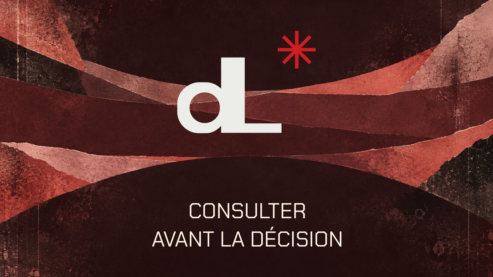 Logo officiel du sujet sur une composition papier-peint-bourgogne-charbon-rose-corail. Texte CONSULTER. AVANT LA DÉCISION.