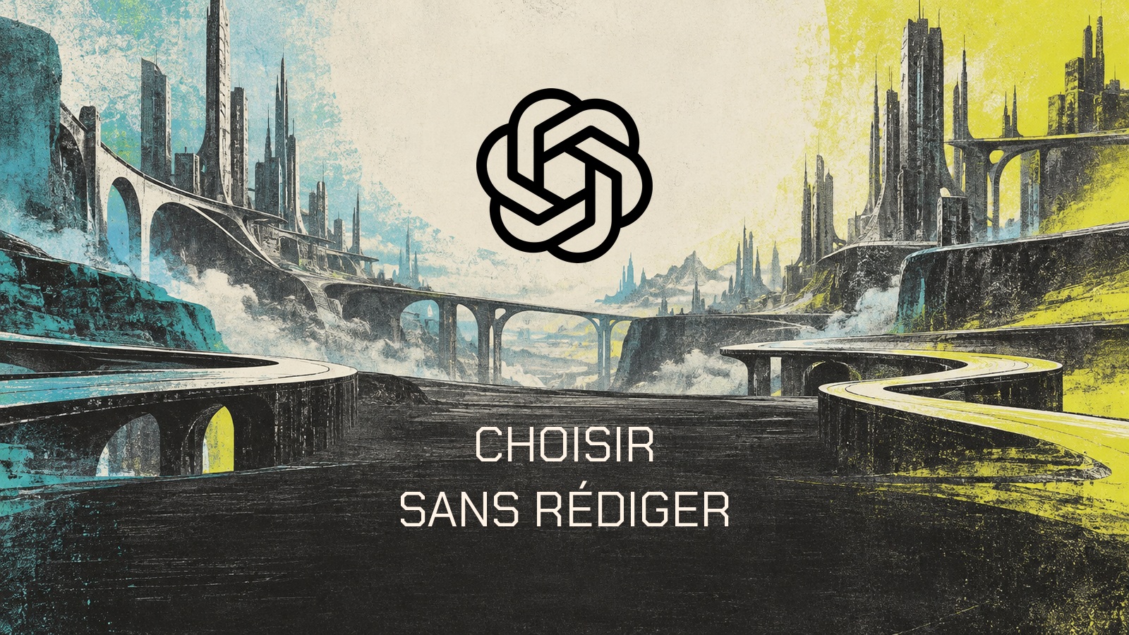 Symbole officiel OpenAI sur une composition picturale rétrofuturiste avec la phrase « Choisir sans rédiger ».