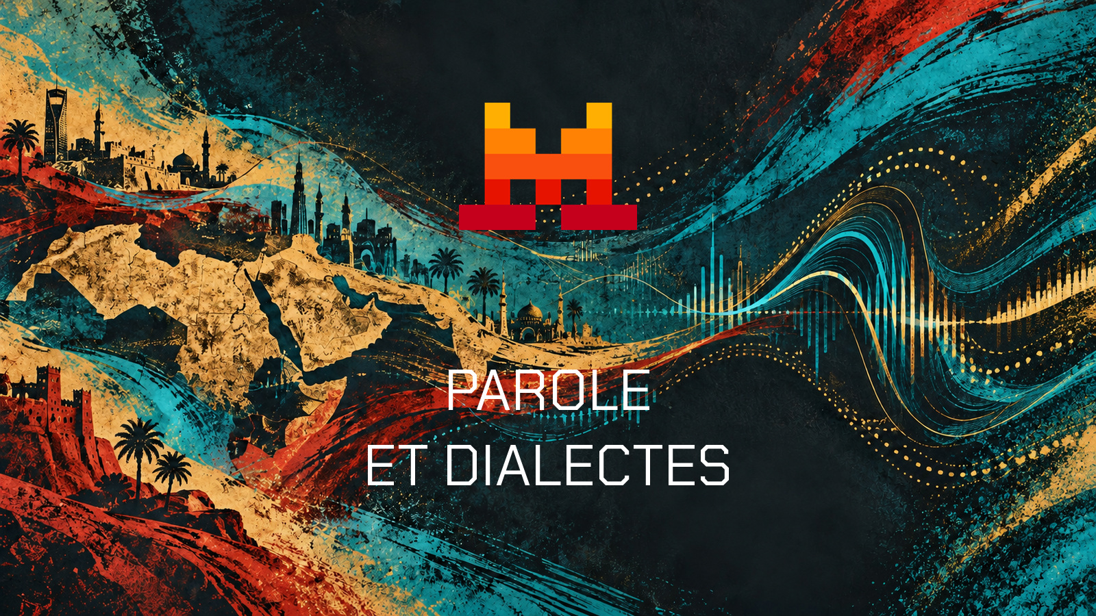 Logo Mistral officiel et phrase Parole et dialectes sur une peinture cyan et ocre sombre