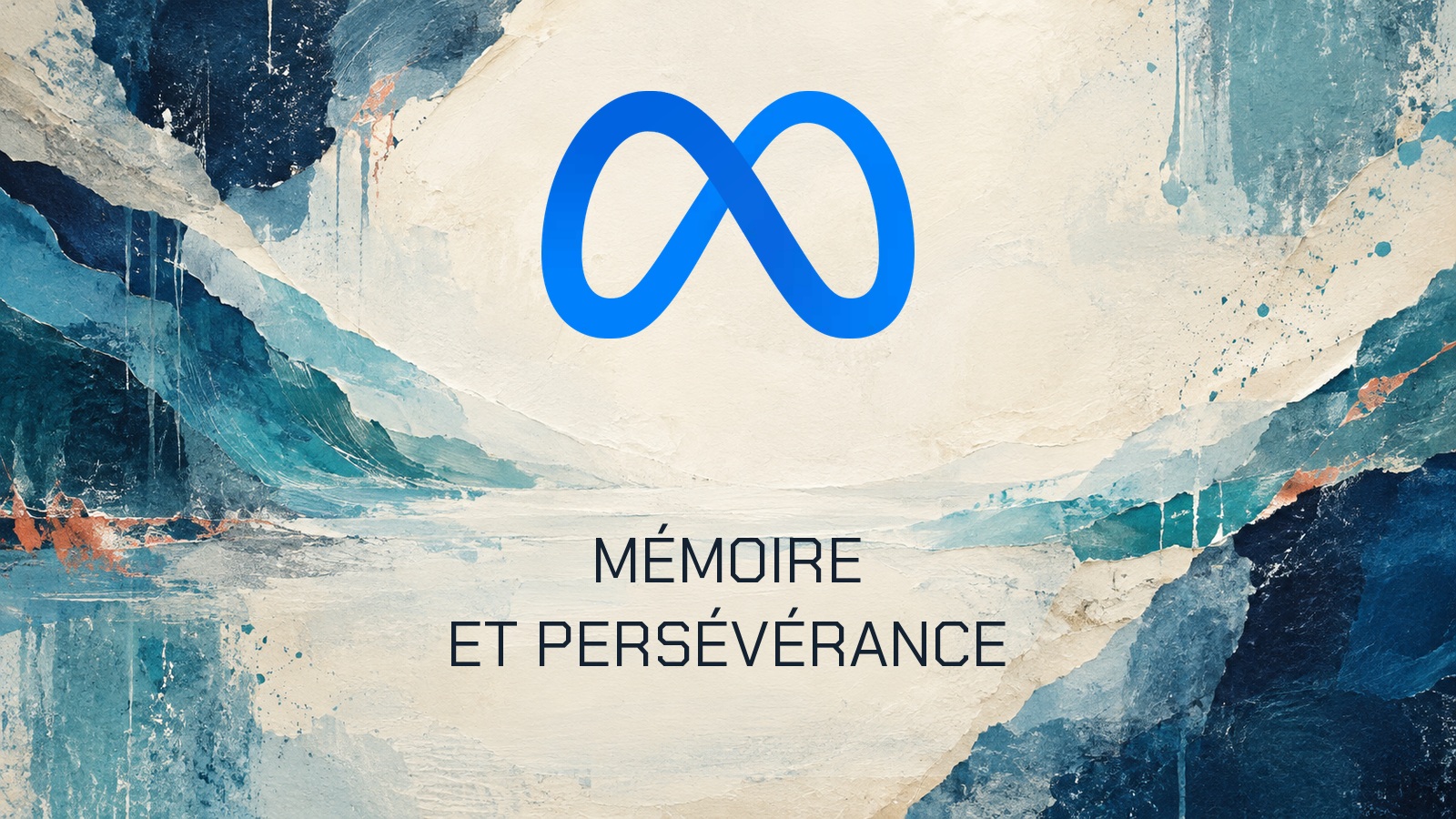 Logo officiel du sujet sur une composition rubans-peints-indigo-turquoise-ivoire. Texte MÉMOIRE. ET PERSÉVÉRANCE.