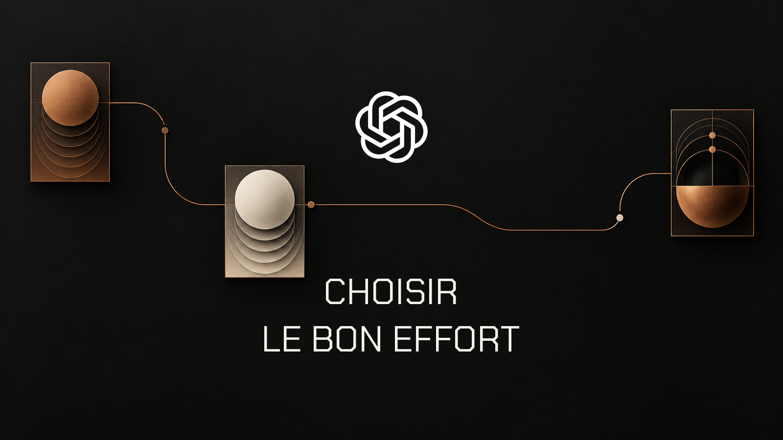 Logo OpenAI blanc et texte CHOISIR LE BON EFFORT sur un diagramme abstrait charbon et cuivre