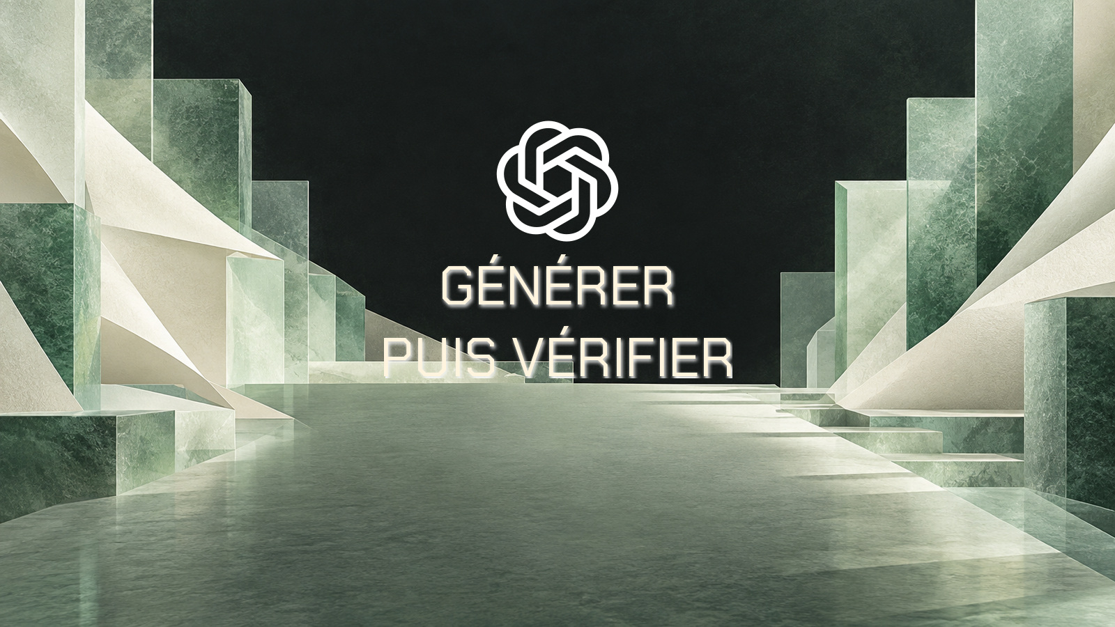 Logo OpenAI sur une composition jade et ivoire avec la phrase Générer puis vérifier