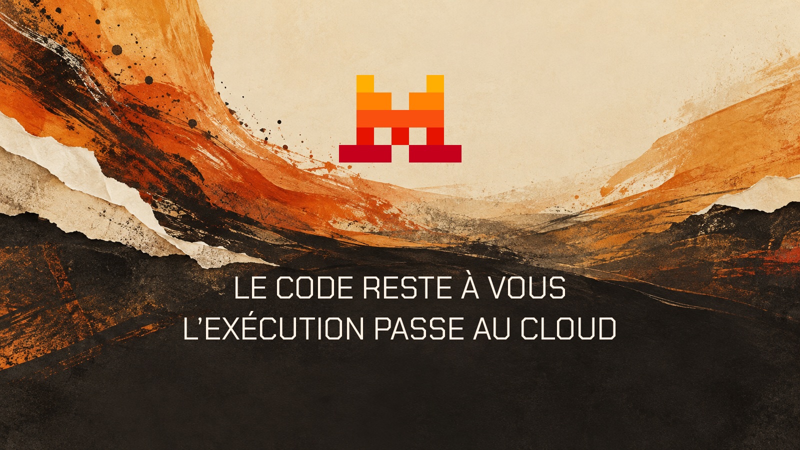 Logo Mistral sur une composition imprimée abstraite avec la phrase « Le code reste à vous. L’exécution passe au cloud ».