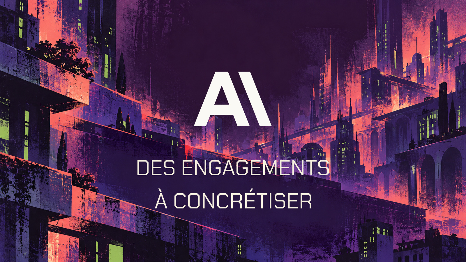 Symbole officiel Anthropic et phrase Des engagements à concrétiser en Chakra Petch sur une cité graphique violette distincte.