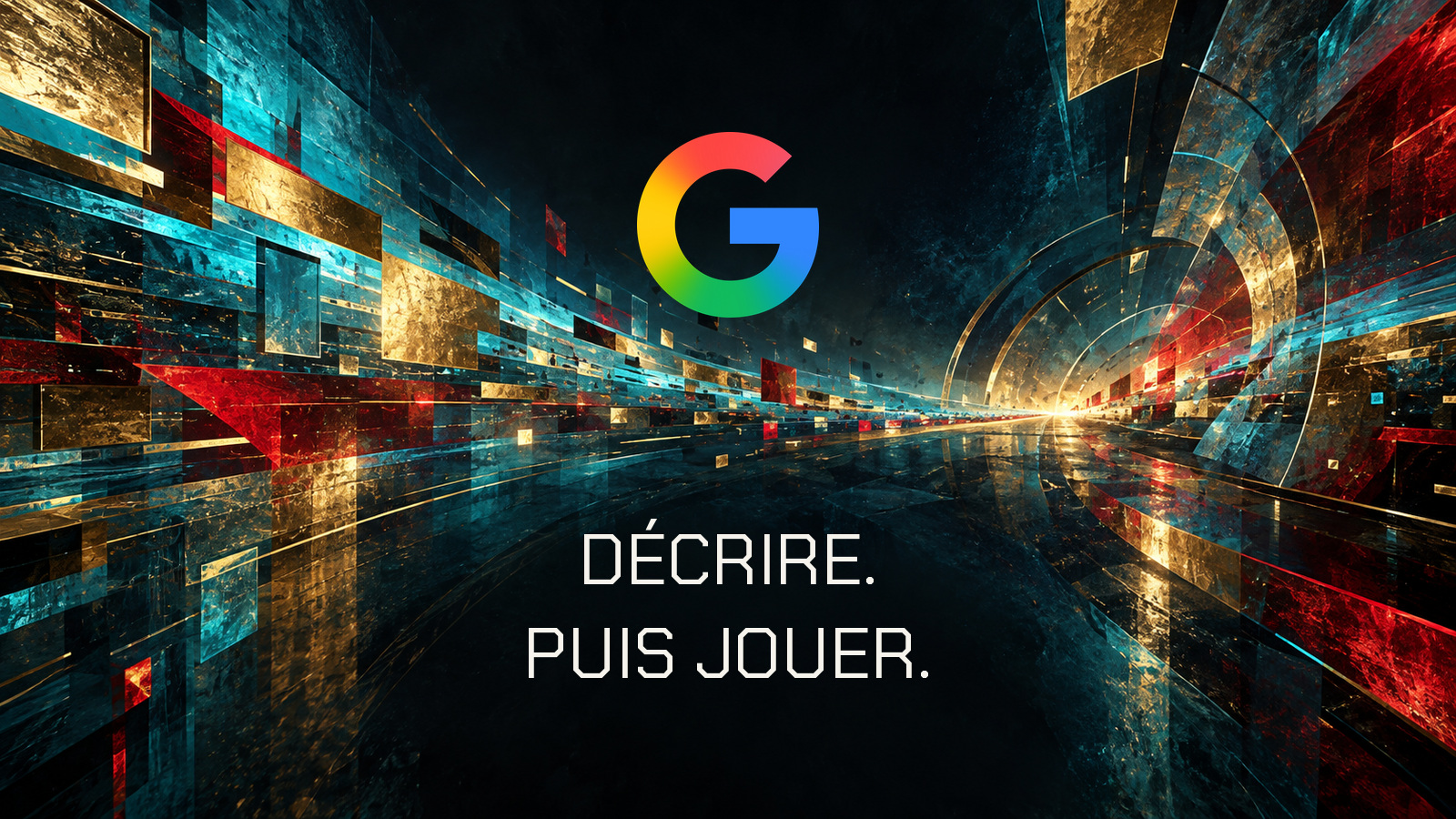 Logo Google officiel au centre d’un tunnel abstrait cyan or et rouge