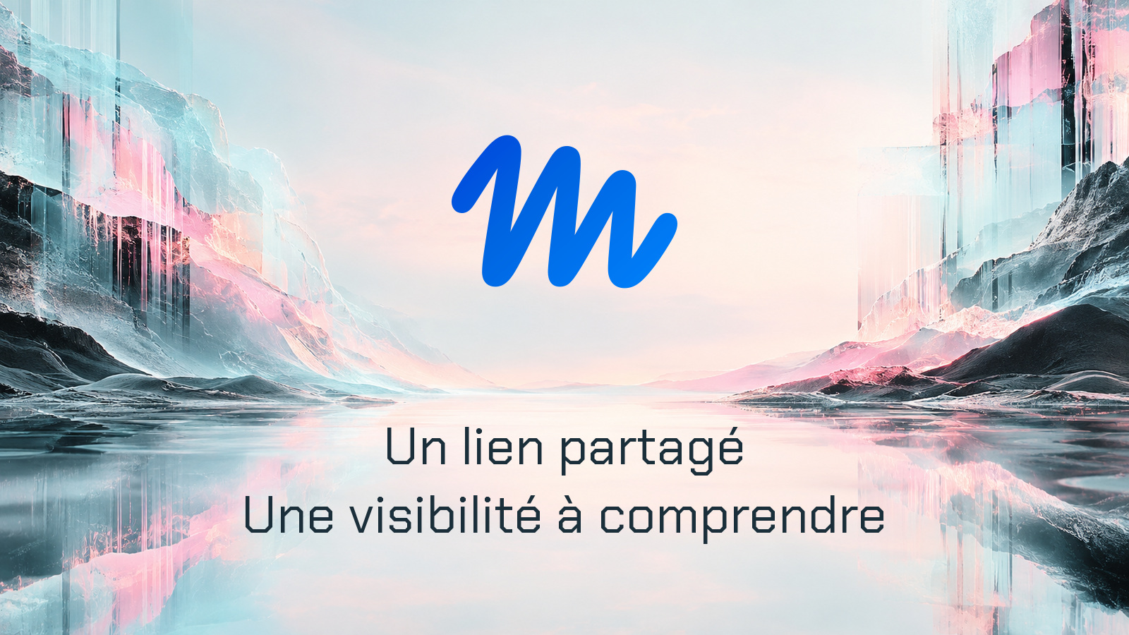 Logo bleu officiel Muse au centre d’un paysage analogique rose glacé, cyan et graphite. Composition distincte avec la phrase Un lien partagé · Une visibilité à comprendre.