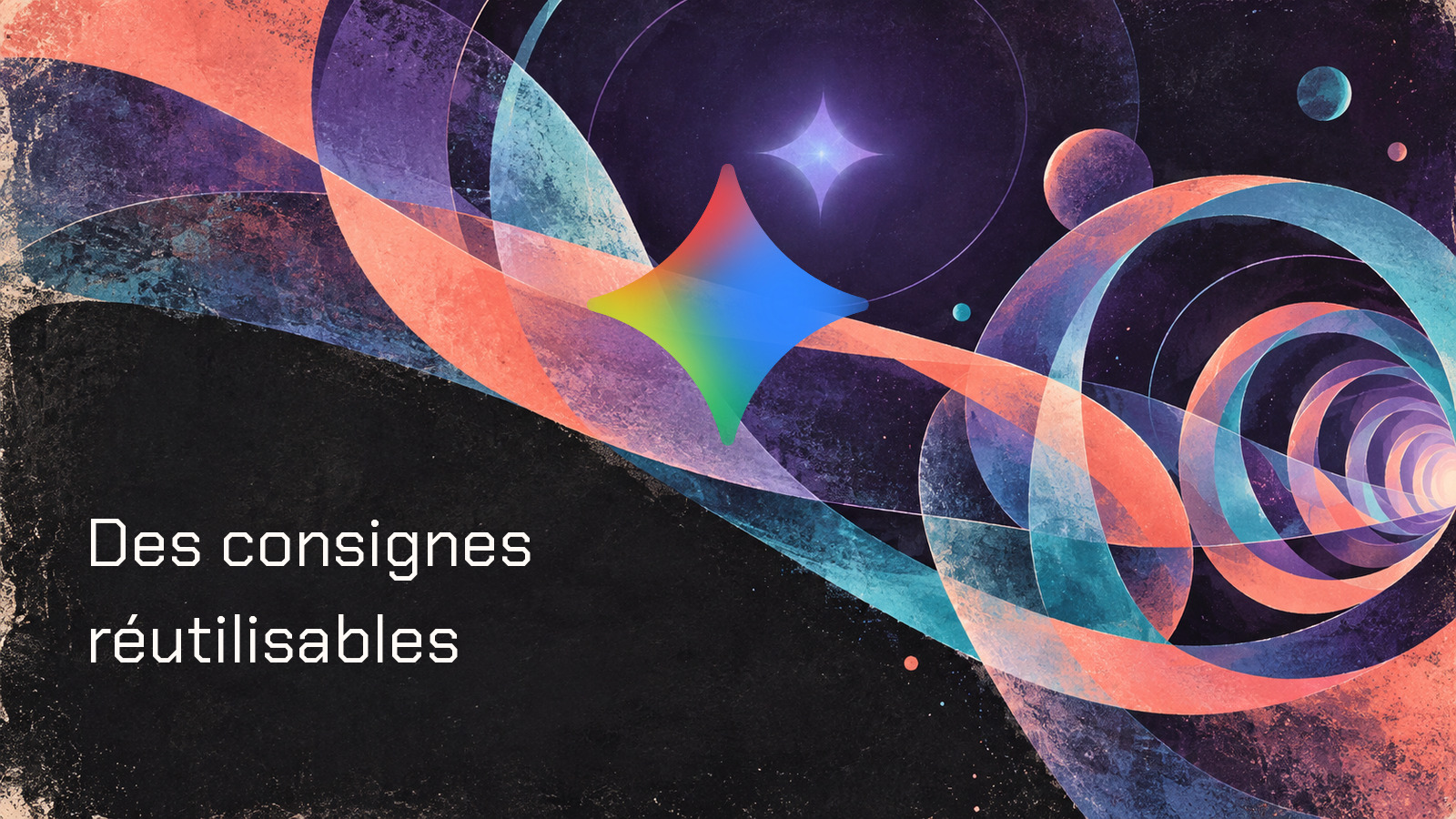 Symbole Gemini sur des bandes peintes rétrofuturistes avec la mention Des consignes réutilisables.
