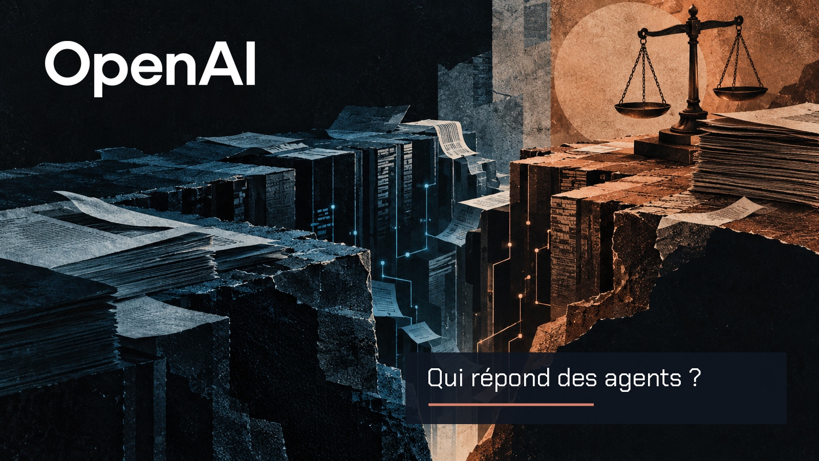 Logo OpenAI sur un collage de documents juridiques avec la phrase Qui répond des agents ?