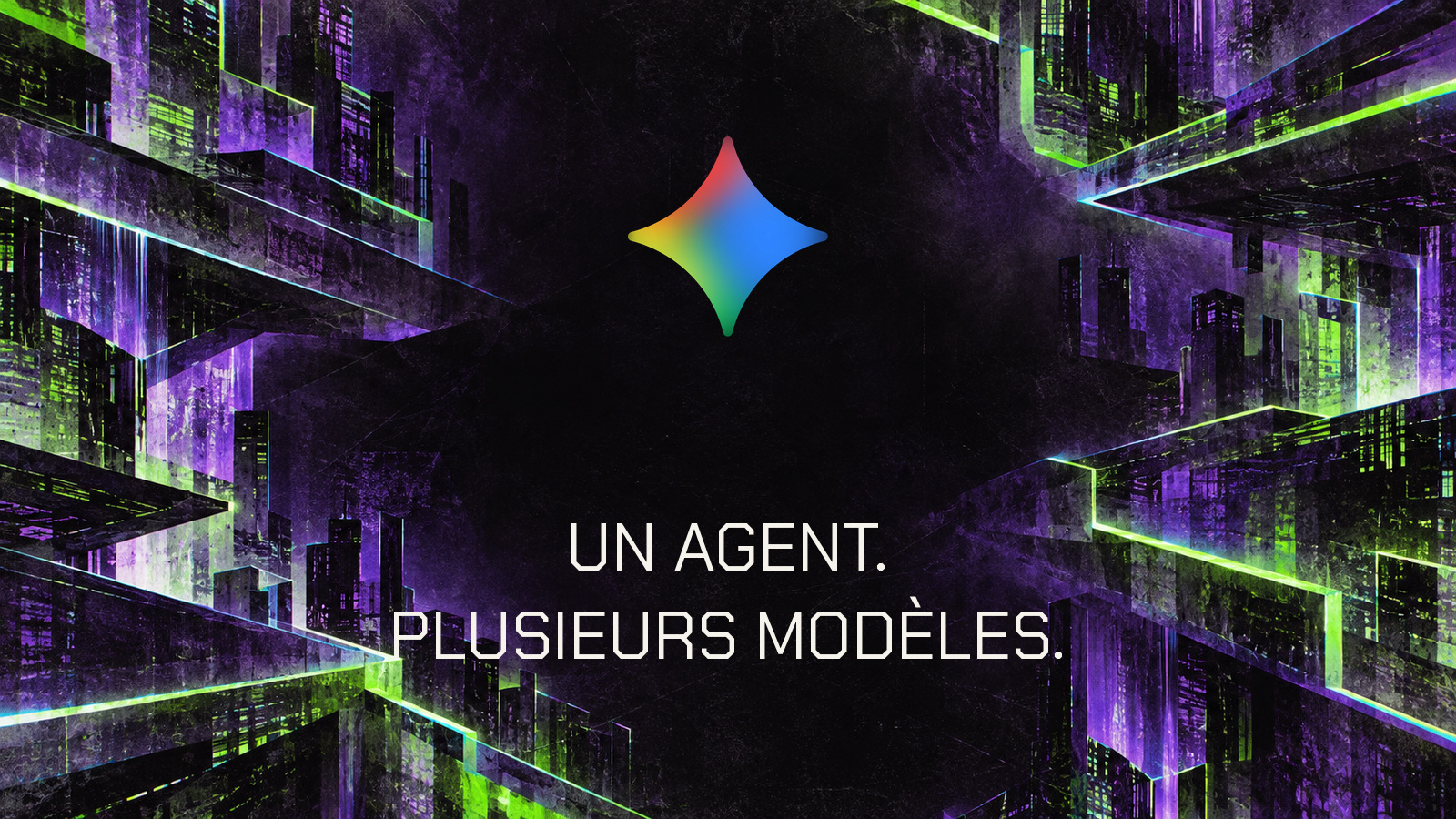 Logo Gemini et texte Un agent plusieurs modèles dans un paysage numérique violet