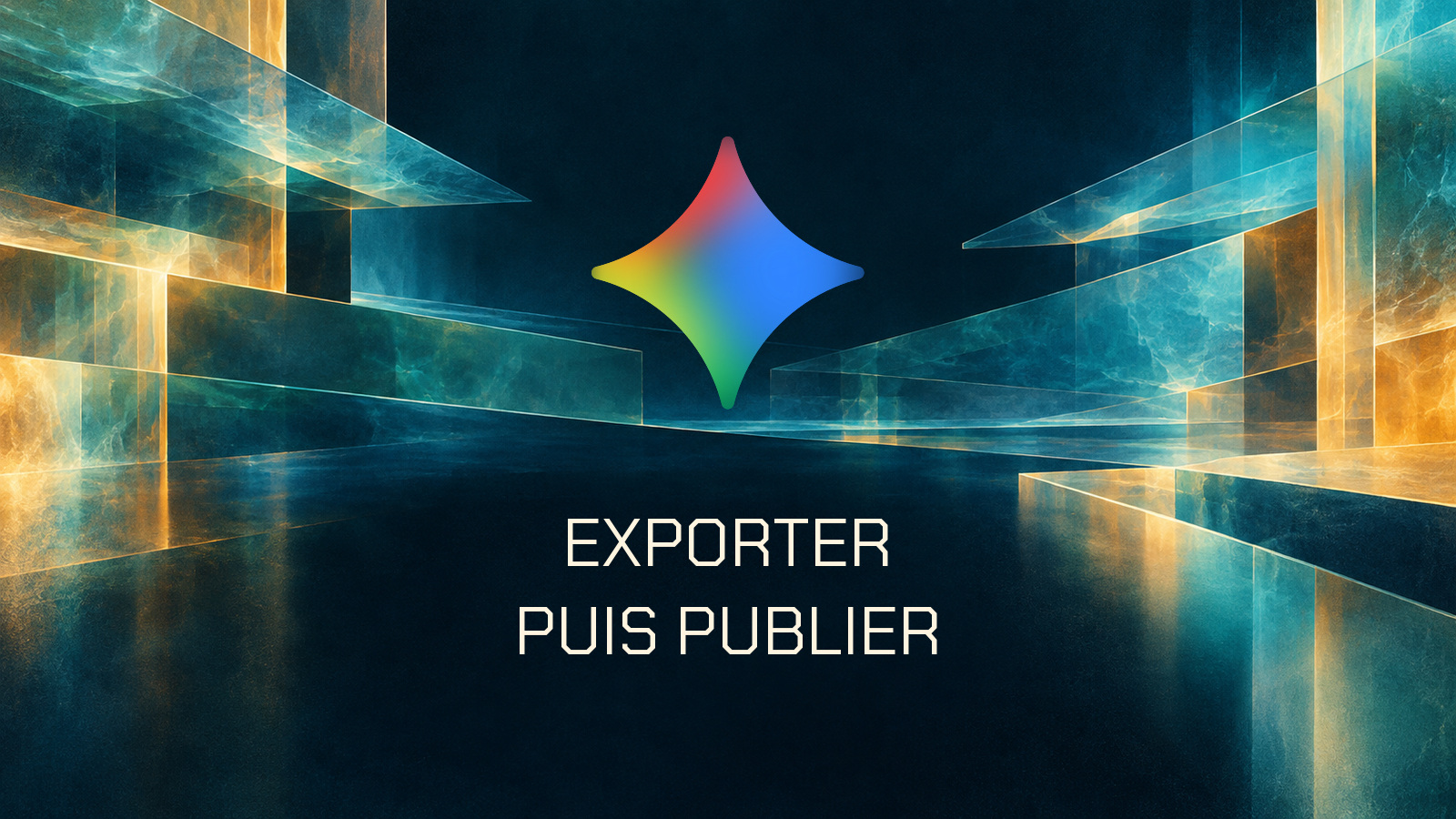 Symbole officiel Gemini et phrase EXPORTER PUIS PUBLIER en Chakra Petch sur une composition distincte de la même famille graphique.