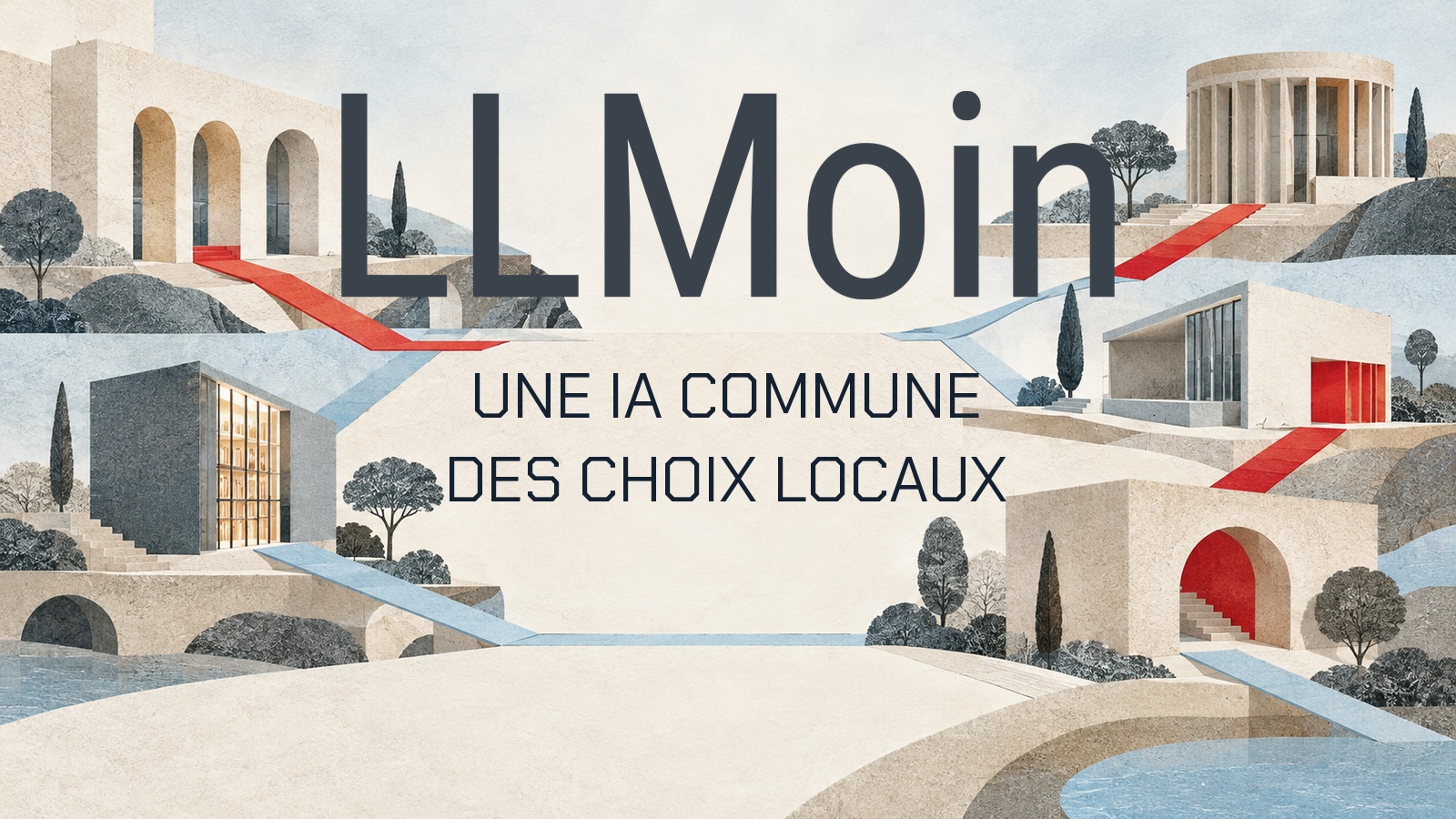 UNE IA COMMUNE DES CHOIX LOCAUX. Logo officiel LLMoin sur une composition originale.