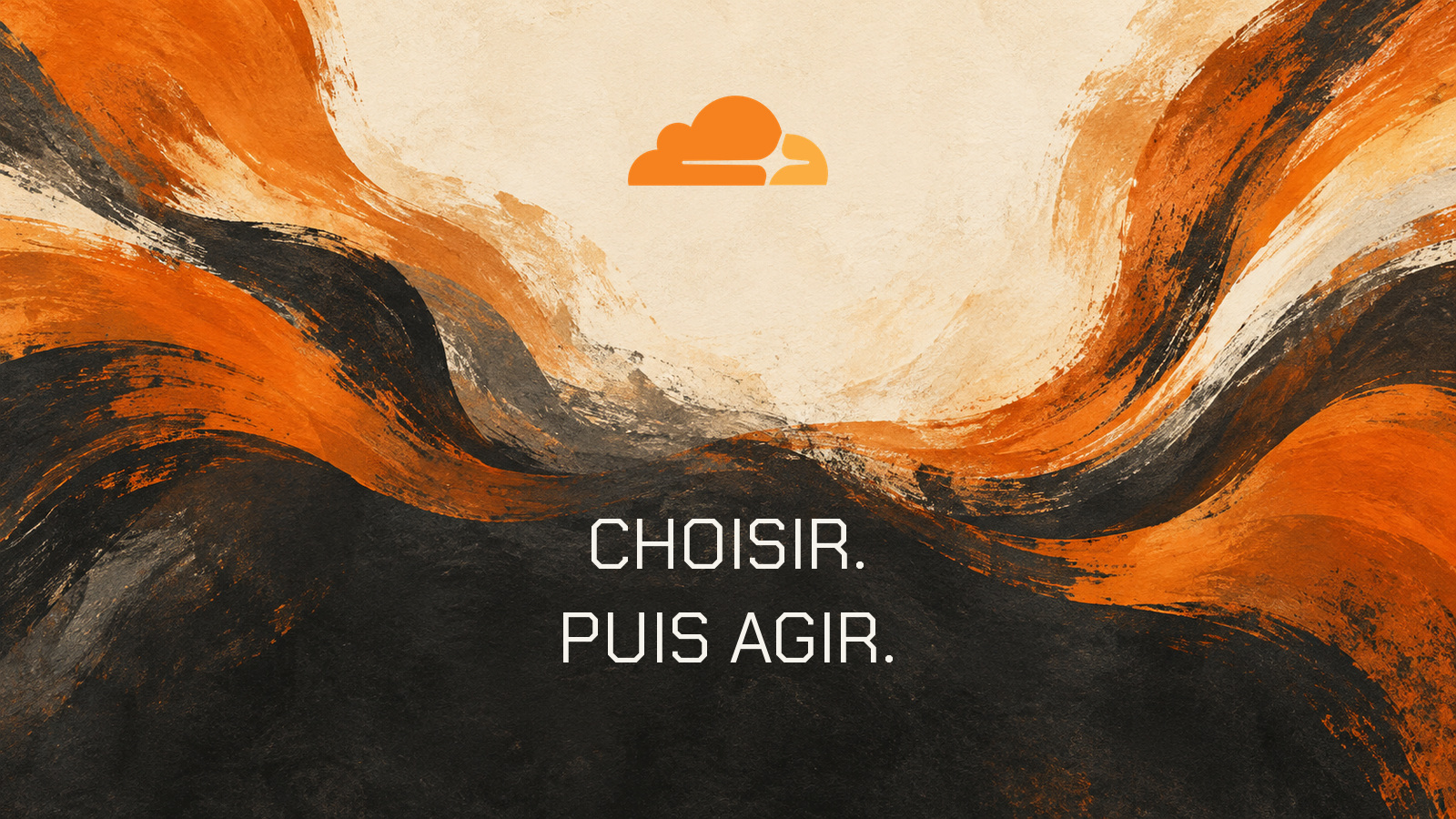 Emblème officiel Cloudflare et texte Choisir puis agir dans une composition orange et ivoire