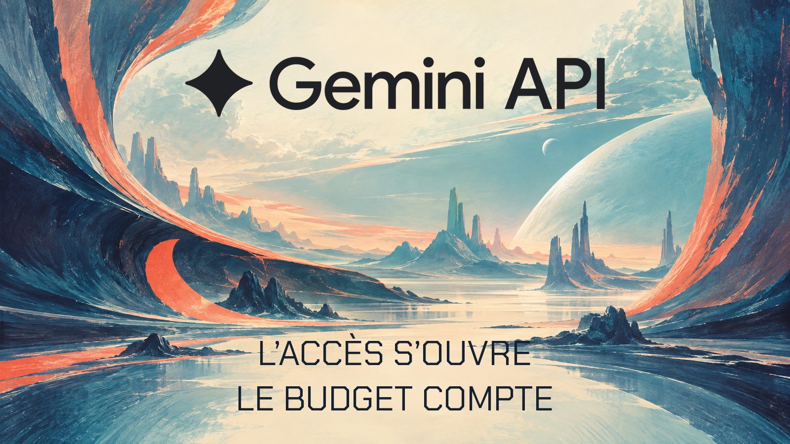 Logo officiel gemini sur une composition tunnel-peint-cyan-corail-ivoire-indigo. Texte L’ACCÈS S’OUVRE. LE BUDGET COMPTE.