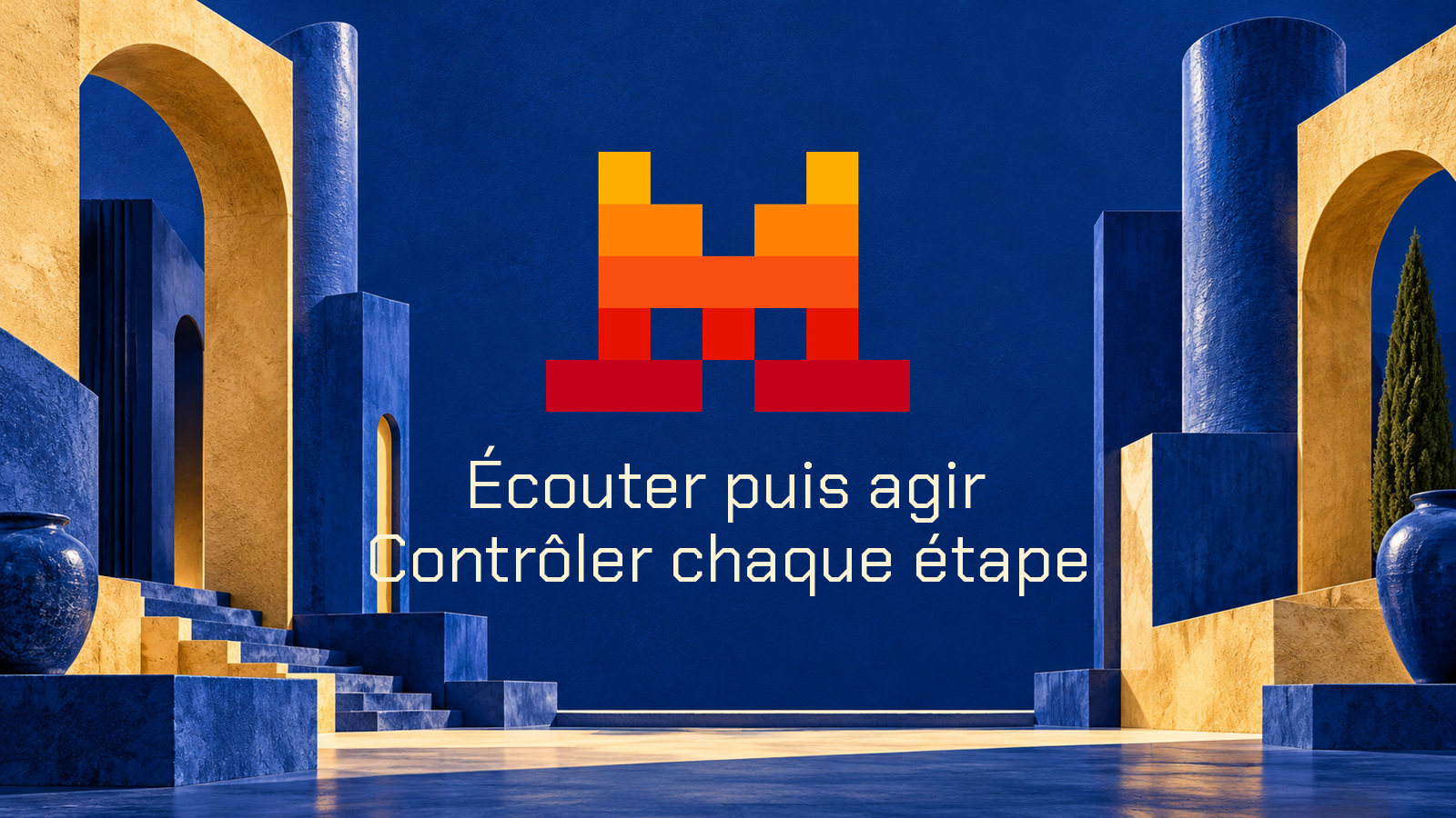 Logo pixelisé officiel Mistral au centre d’une architecture surréaliste bleu outremer et jaune sable. Composition distincte avec la phrase Écouter puis agir · Contrôler chaque étape.