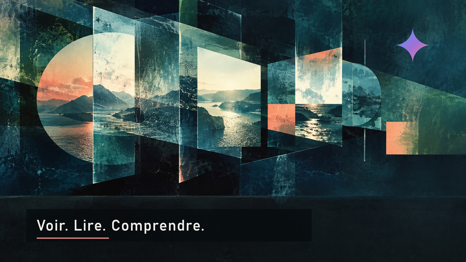 Étoile Gemini au-dessus de fragments vitrés avec la phrase Voir. Lire. Comprendre.