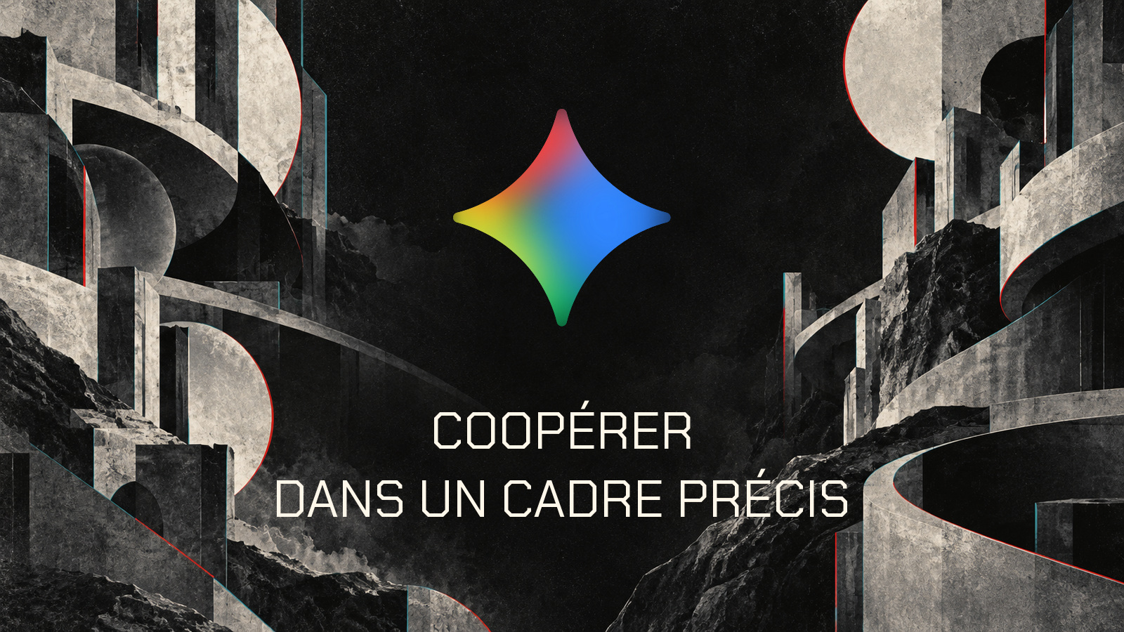 Symbole officiel Gemini et phrase Coopérer dans un cadre précis en Chakra Petch sur une composition architecturale monochrome distincte.