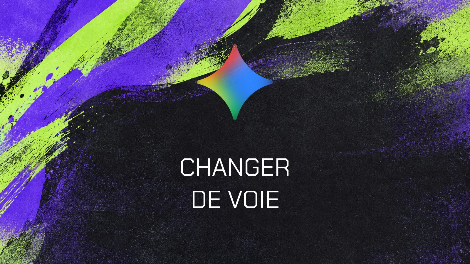 Symbole Gemini officiel et phrase Changer de voie sur une composition peinte violet et vert acide
