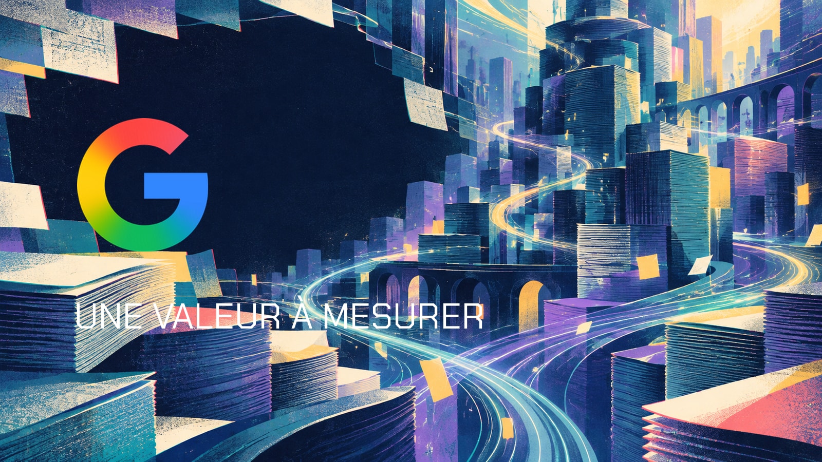 Logo G de Google sur une ville abstraite de pages avec la mention Une valeur à mesurer.