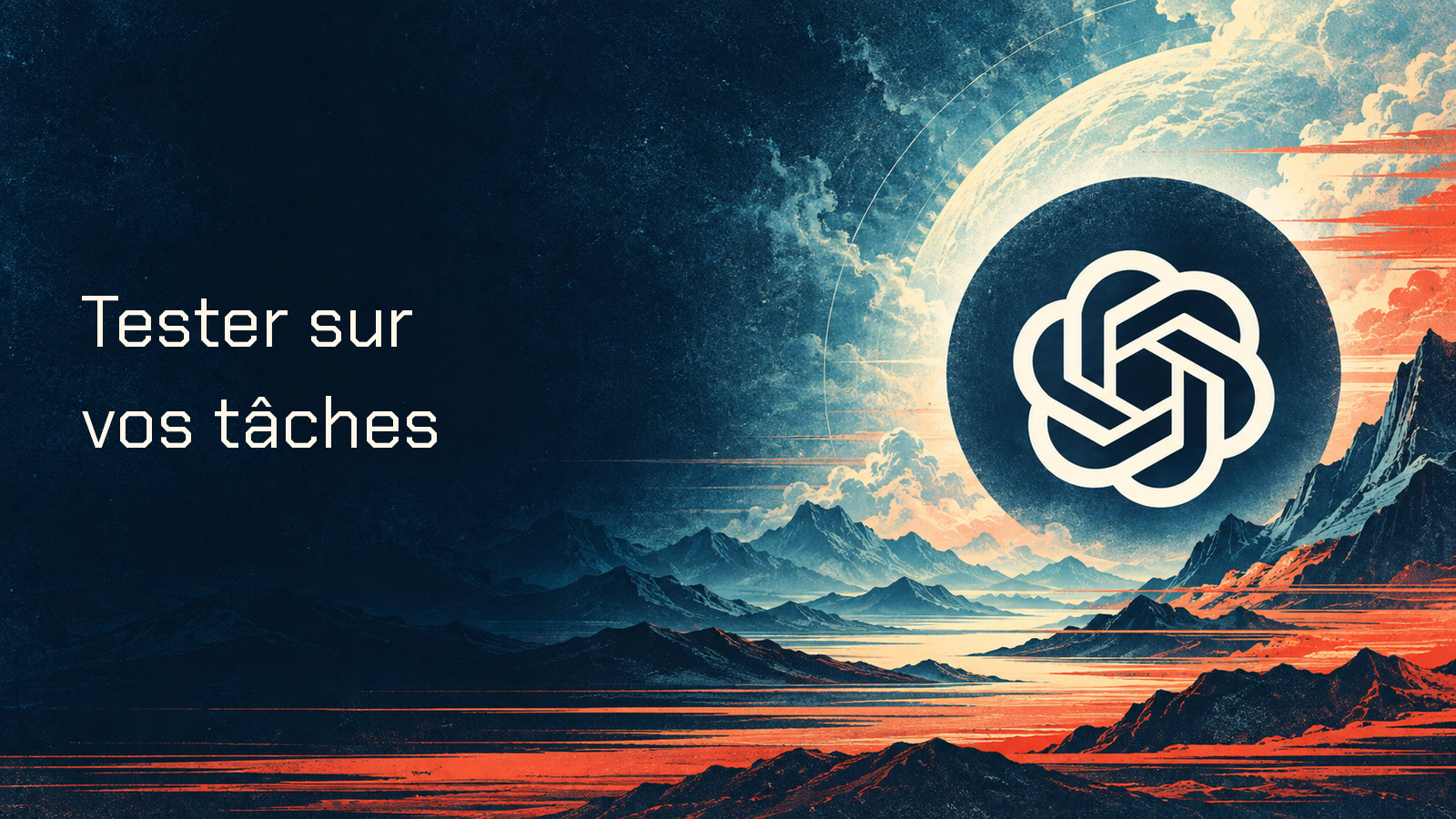 Logo OpenAI dans un paysage imprimé avec le texte « Tester sur vos tâches » en Chakra Petch.